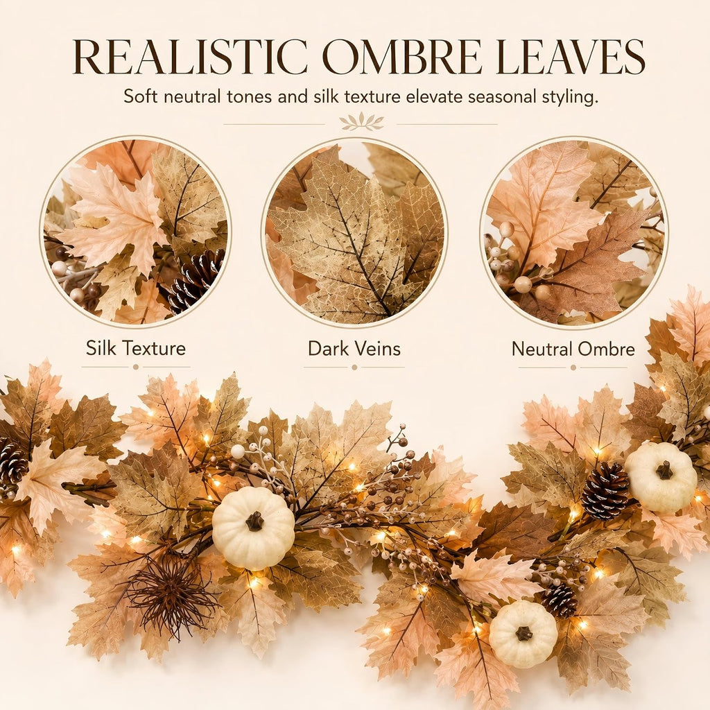 Fall Decor Garland with Lights, 6Ft, 30 Warm LED, White Pumpkins