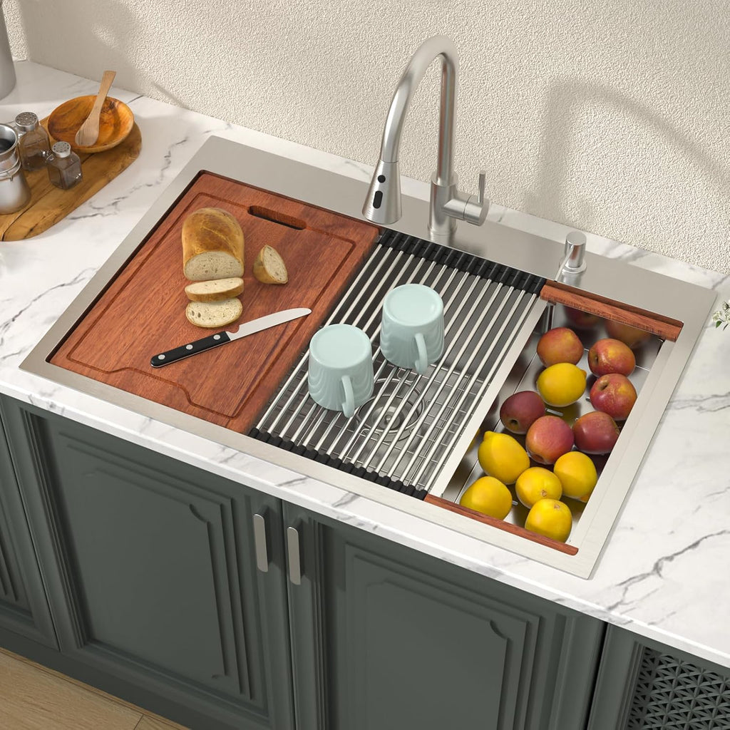 33x22 Inch Drop Sink With Faucet - 33 Kitchen Sink With Faucet Combo Workstation 16 Gauge Stainless Steel Single Bowl