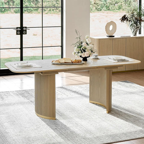 63-80 Inch Extendable Round Dining Table for 4-6, Wooden Oval Kitchen Table with Hidden Leaf & Rounded Corners