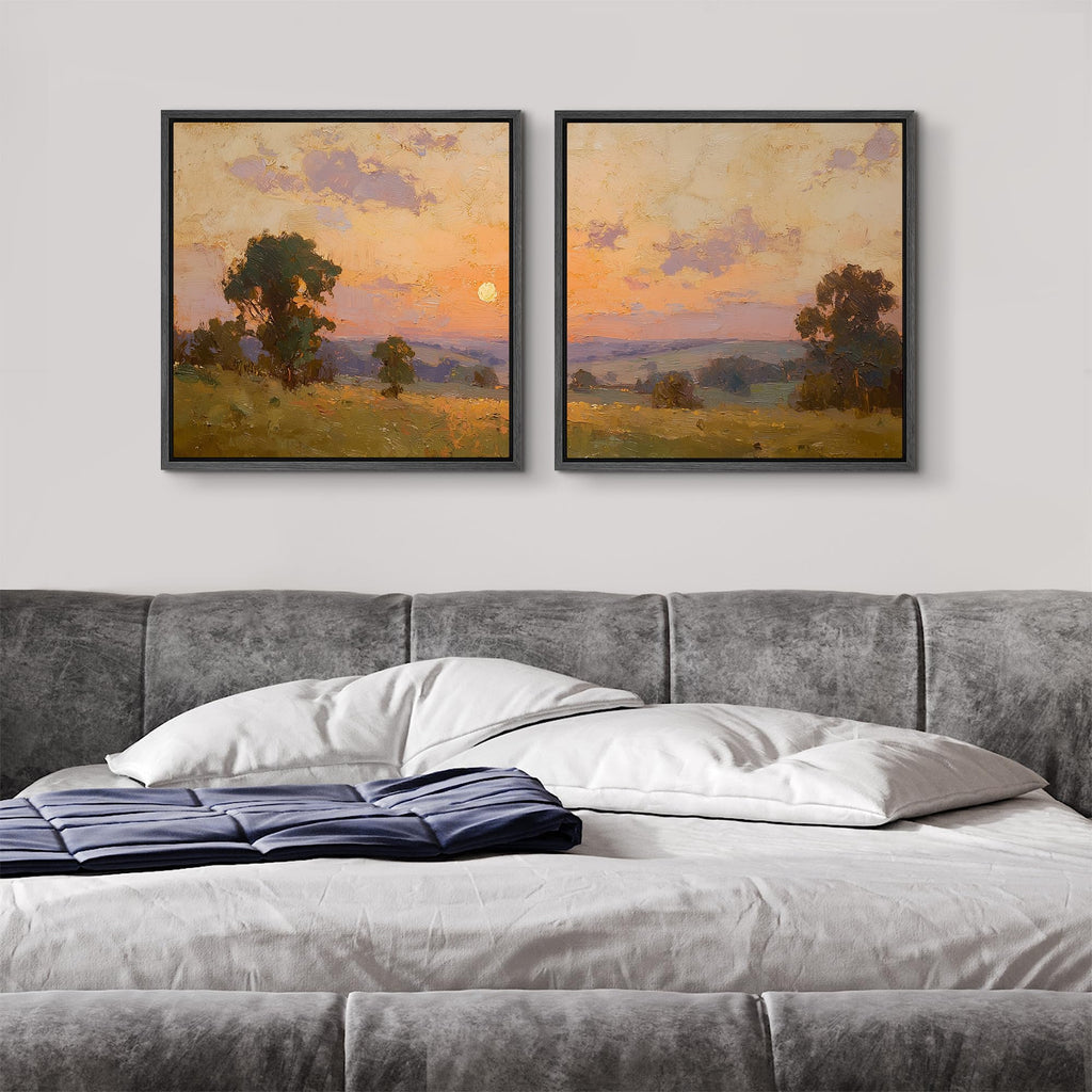 Framed Canvas Print Wall Art Set Golden Sunset Field Landscape Impressionist Countryside Illustrations Modern Art