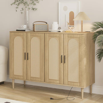 4 Doors Accent Storage Cabinet, Console Table Coffee Bar with Power Outlet, Adjustable Shelves, Natural