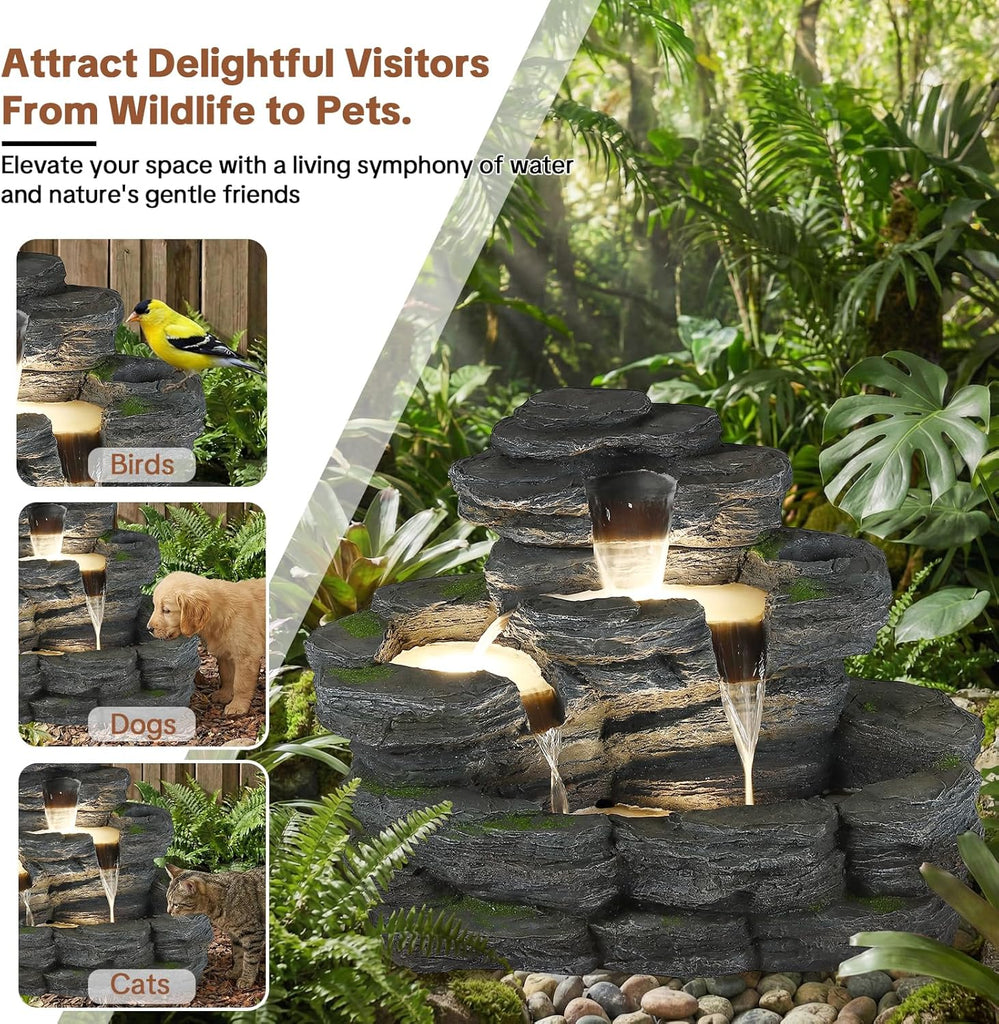 4-Tier Outdoor Water Fountain, 29.7" L Rustic Rock Waterfall Fountain with LED Lights