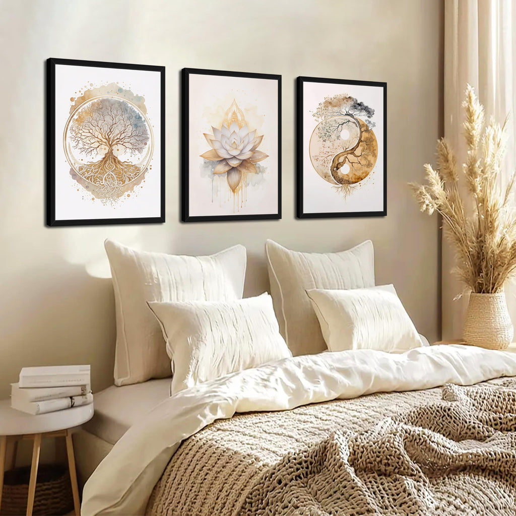 Wood Framed Tree of Life Wall Art Set of 3, Modern Gold Lotus Zen Canvas Wall Decor Paintings, Abstract Yin Yang