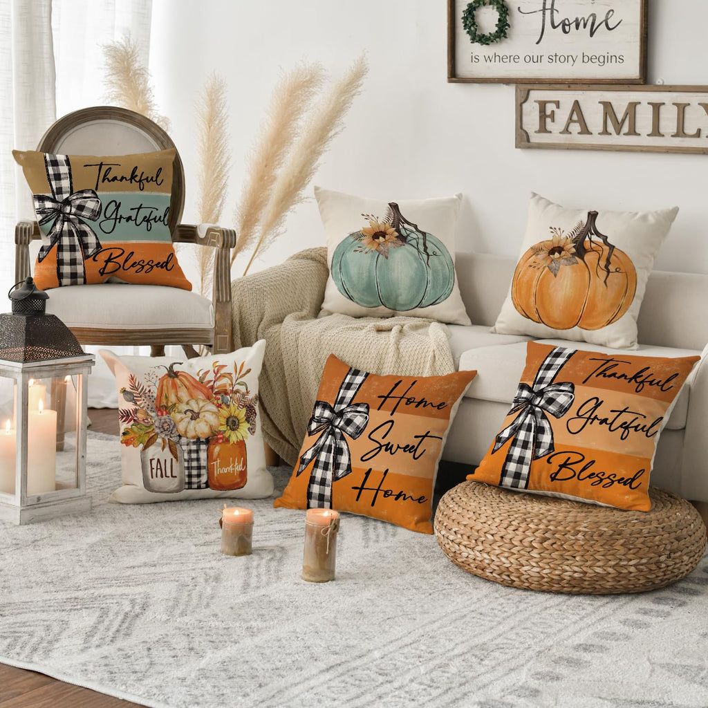 Fall Pumpk Sweet Home Throw Pillow Covers, 20 x 20 Inch Autumn Thankful Grateful Blessed Harvest Floral Orange