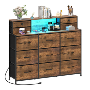Rustic with Charging Station and LED Lights Large 13 Drawers Fabric Chest of Drawers Living Room Hallway Entryway