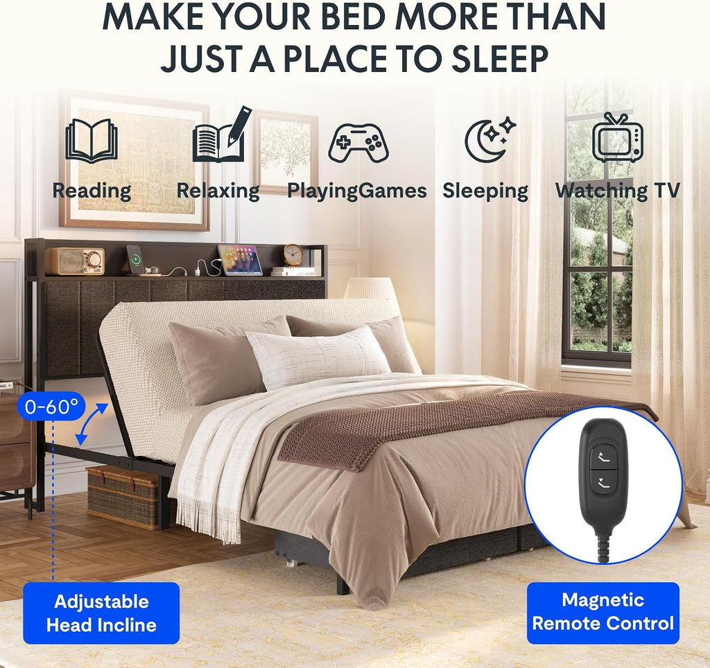 Adjustable Bed Base with Storage Headboard & Charging Station