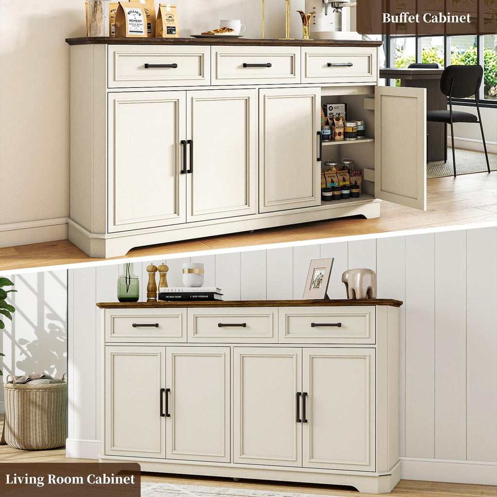 64" Farmhouse Sideboard Buffet Cabinet, Antique White Credenza