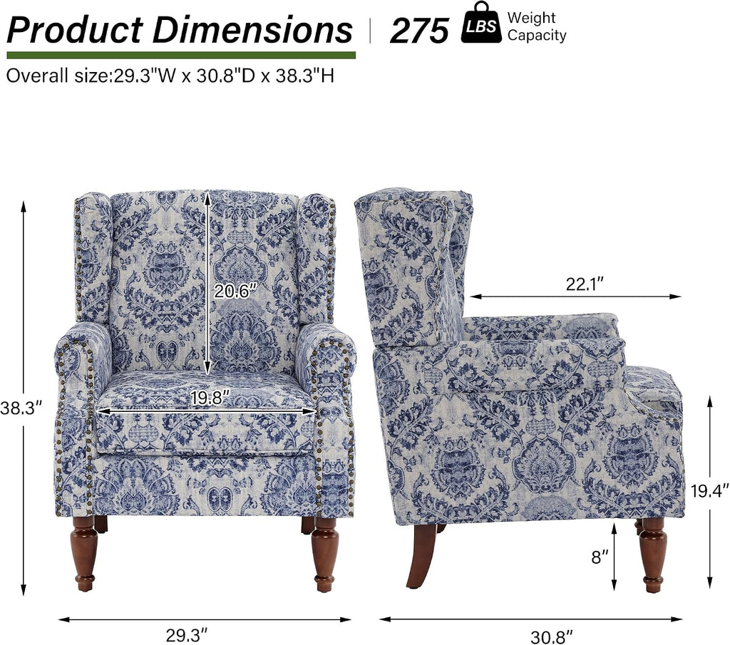 Wingback Accent Chair with Wood Legs, Navy Blue, Set of 1 | High Back with Side Wings | Armrest Nailhead Trim | Solid
