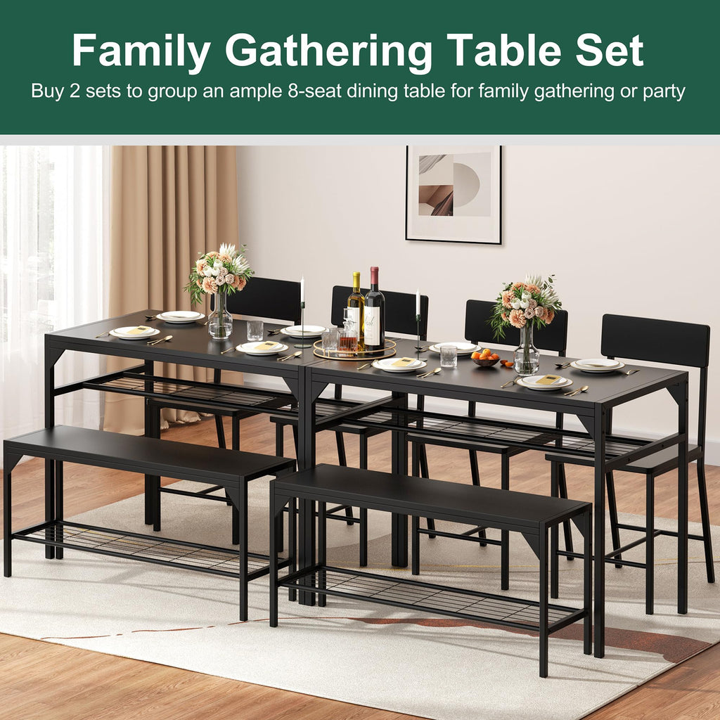 Dining Table Set for 4 with Bench and Chairs, Black