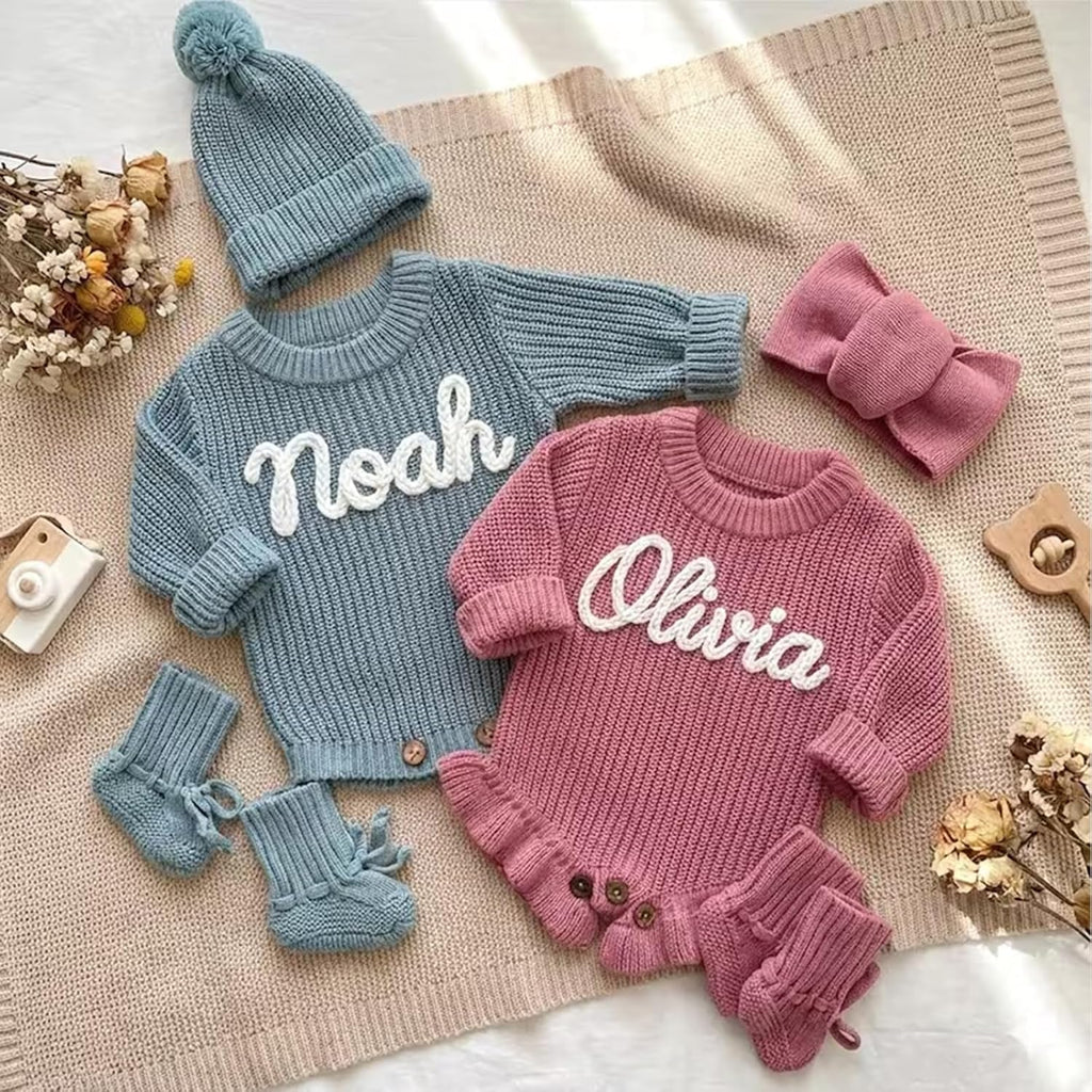 Personalized Embroidered Baby Romper Set Cotton Newborn Coming Home Outfit Knit Sweater Gender Neutral Gift