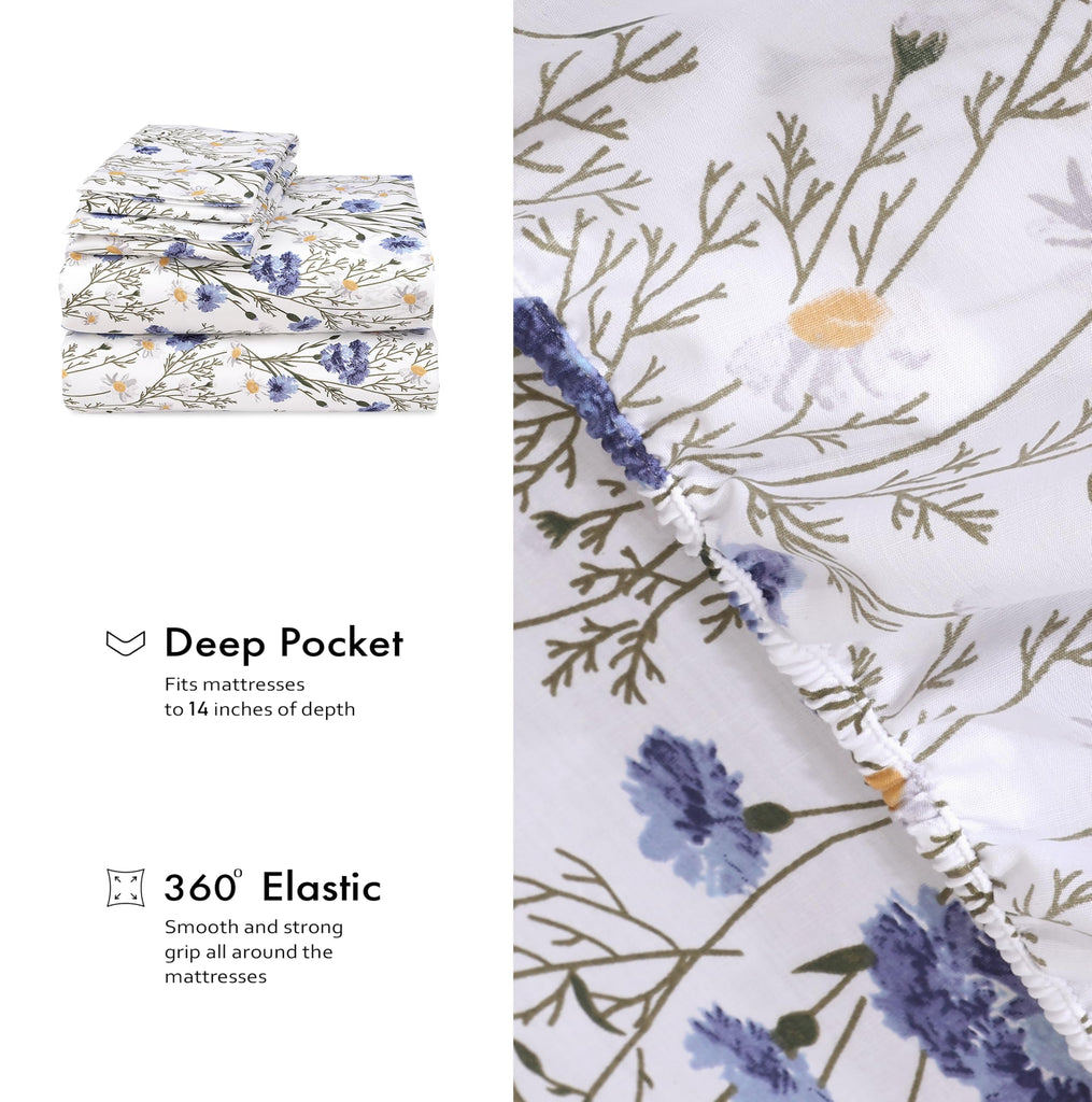 100% Cotton California King Sheets, Percale Sheet Set, Sweet Pea