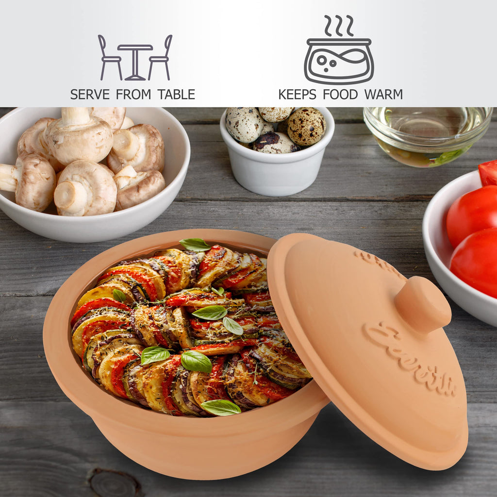 Eurita 2 Quart Terracotta Clay Dutch Oven - Natural, Lead‐& Cadmium‐Free, Oven & Microwave Safe, Rustic Slow-Cooker