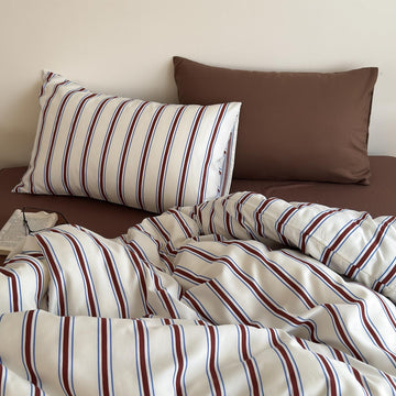 Retro Striped Duvet Cover - 3-Piece Vintage Red Brown & Blue Stripes Printed Duvet Cover Set, Soft Washed
