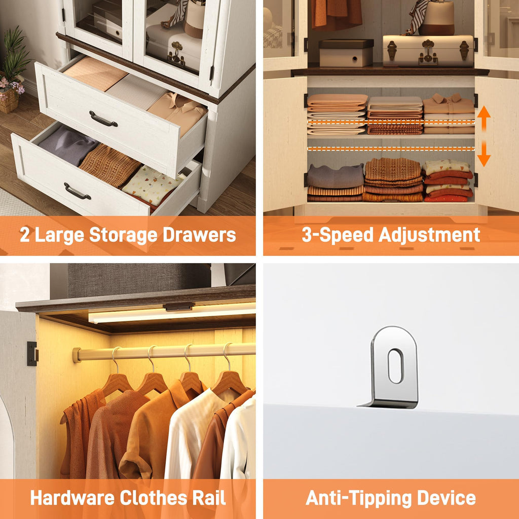 Tall Farmhouse 4 Doors Armoire Wardrobe Closet with LED, 72" Freestanding Arched Wardrobe Closet Cabinet w Glass