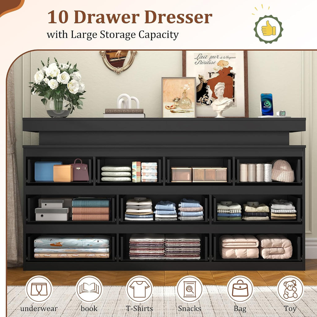10 Drawer Dresser , 63" Wide 34" Tall Drawer Organizer Cabinet with LED Light and Charge Station, Modern Chest of