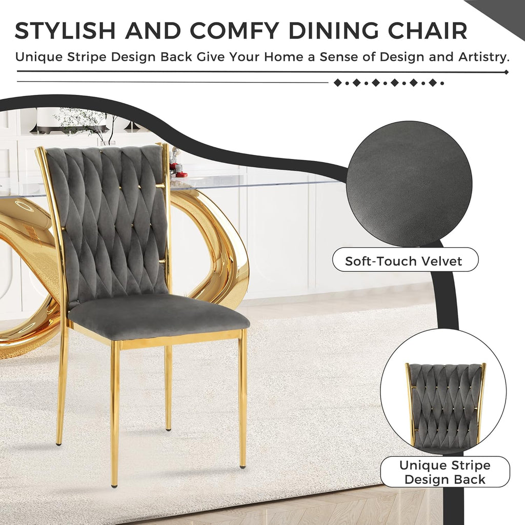 Velvet Dining Chairs Set of 4, Modern Woven Kitchen Chairs with Gold Metal Legs, Upholstered Cushion with High Back