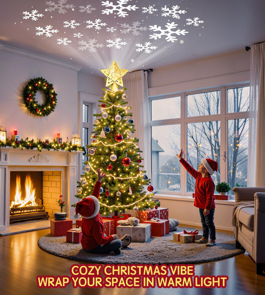 Christmas Tree Star Topper, Built-in Led 360° Rotating Snowflake Projector Pentagram Plug in Christmas Tree Ornament