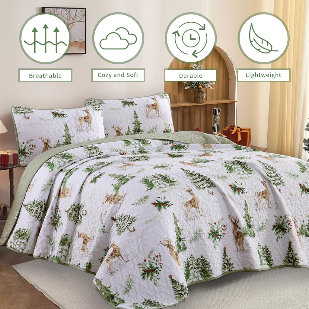Christmas Quilt Set Queen Size Green Xmas Reindeer Pine Tree Bedding Set
