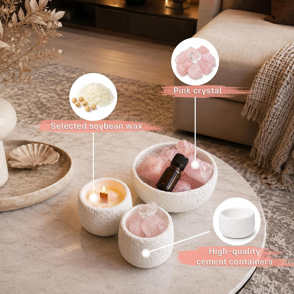 Pink Quartz Crystal Essential Oil Diffuser & Candle Set - Soy Wax Candle, Crystal Diffuser Stones & 10ml Essential
