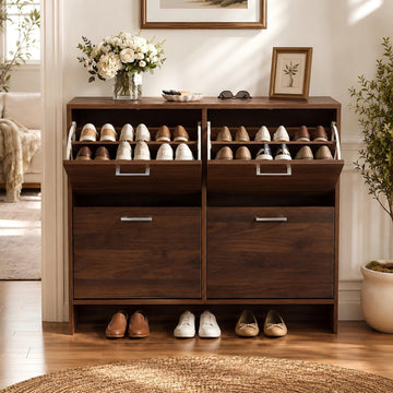 Walnut Shoe Cabinet, Slim Rustic Shoe Storage Cabinet with 4 Flip Drawers, Mid-Century Modern Wood Shoe Rack