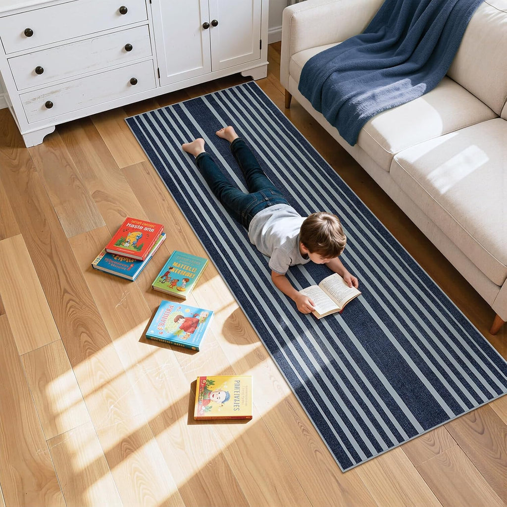 Striped Blue Runners s, 2. Washable Bathroom Runner with Rubber Backed, Non Slip Soft Low Pile Indoor Floor Carpet