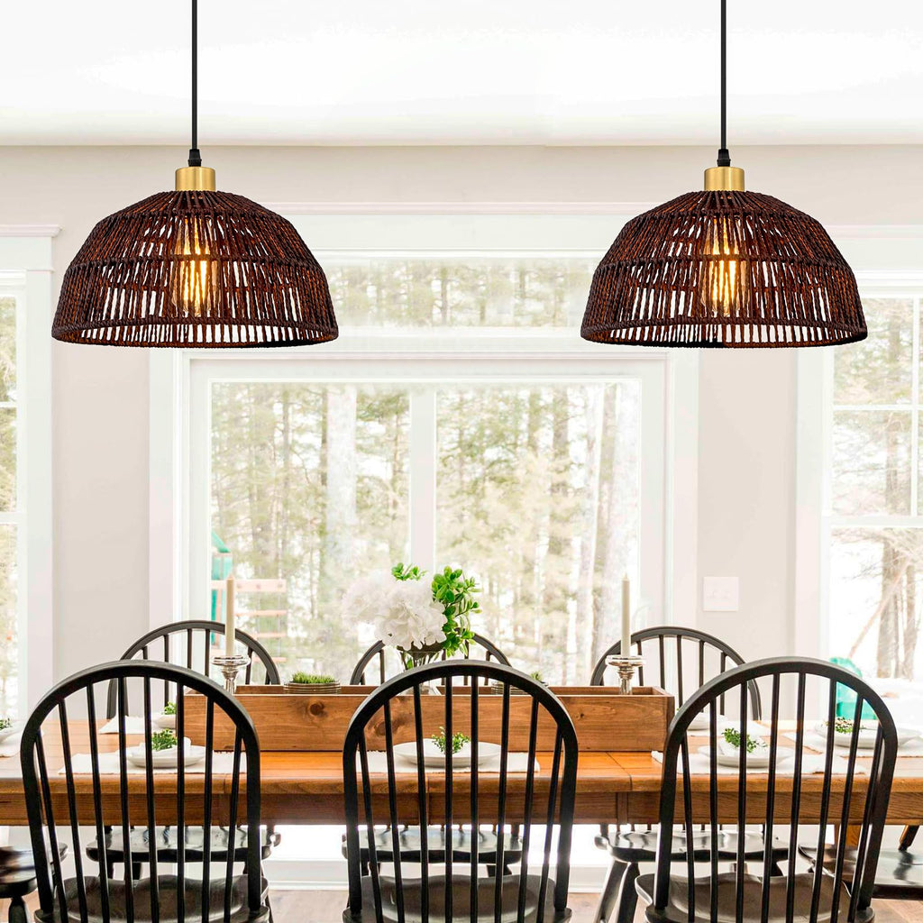 Plug in Pendant Light, Hanging Lights with 15ft Cotton Cord & Stepless Dimming Switch, Handwoven Hemp Rope Lampshade