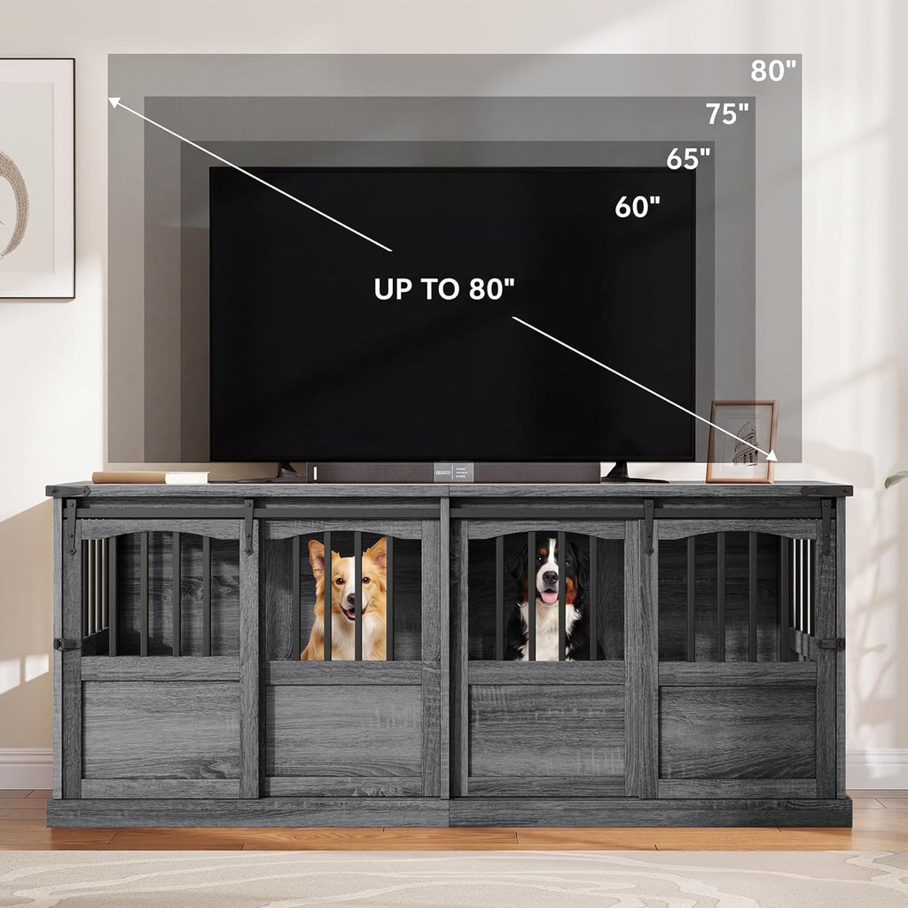 Double Dog Crate Furniture with Barn Sliding Doors Grey
