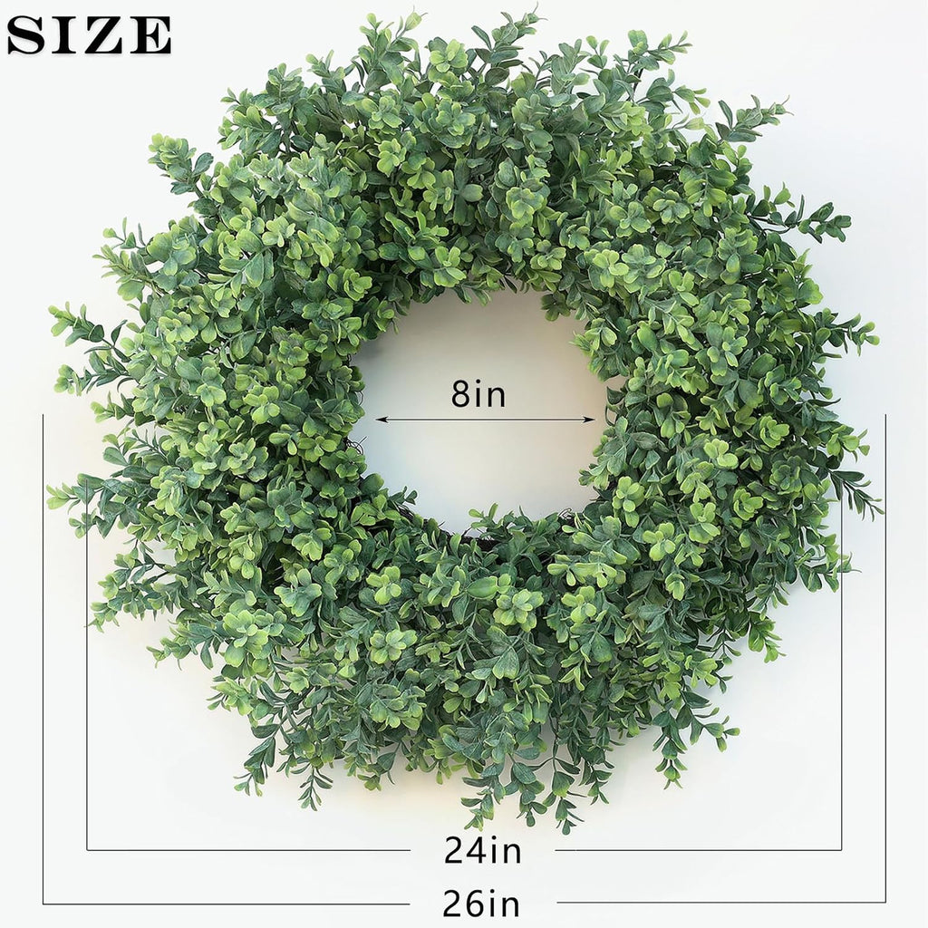 26" Artificial Boxwood Wreath Fake Plant for Front Door Decor (Green)