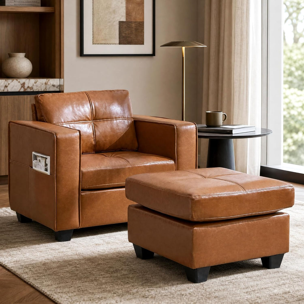 Modern Chaise Lounge Chair and Ottoman — Leather