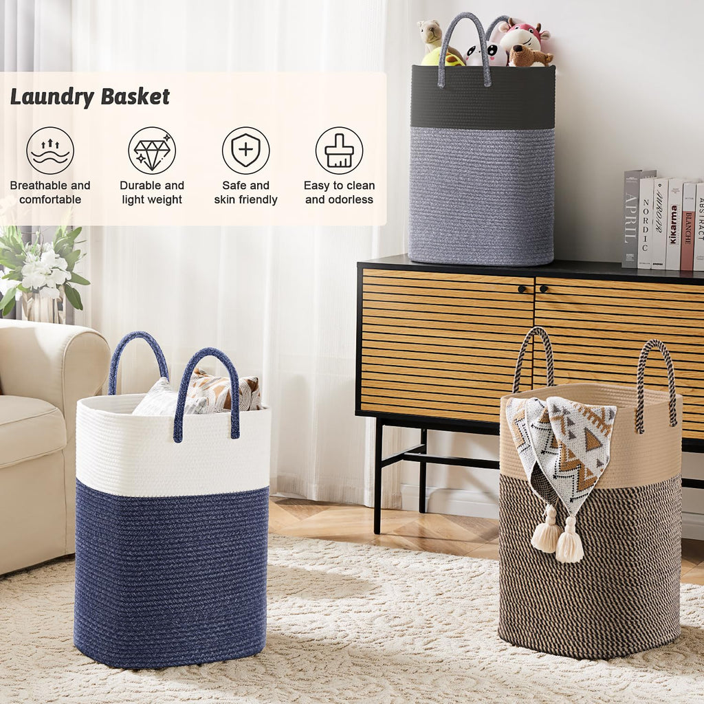 Basket,Woven Cotton Rope Laundry Hamper,Versatile Storage for Dirty Clothes,Baby Toys,and Blankets ,and Living Room