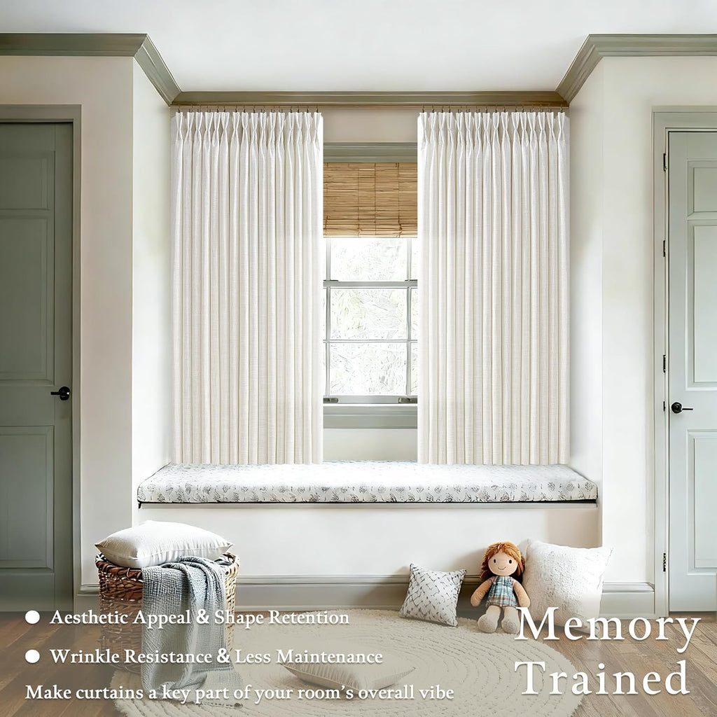 Farmhouse Linen Pleat Ivory Cream Semi Sheer Curtains 2 Panels