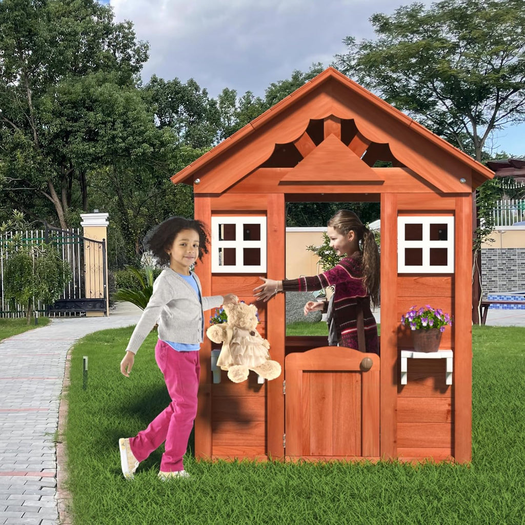 Kids Outdoor Playhouse with Door & 2 Windows - Wooden Backyard Play House for Ages 3-8 - 42"L x 46"W x 55"H - Easy