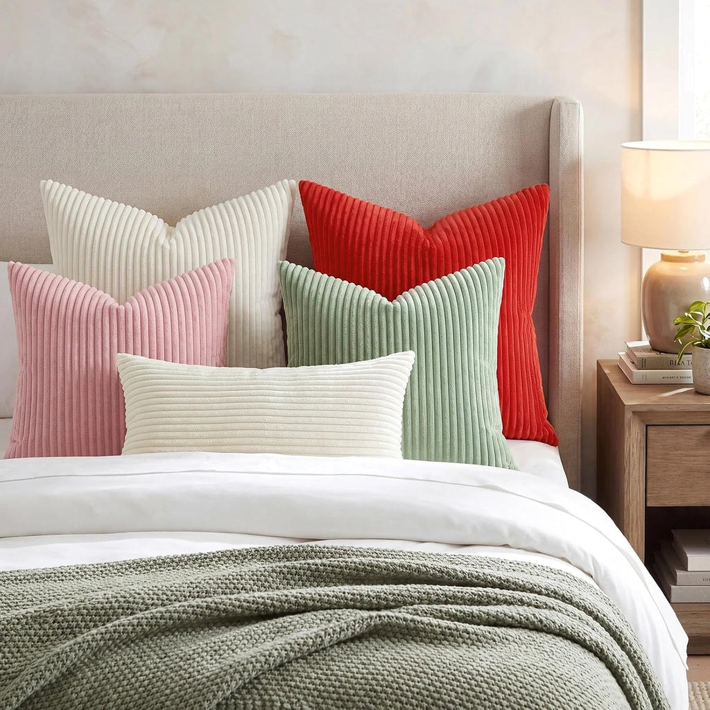 Christmas Pillow Covers 18x18, Super Soft Boho Striped Corduroy Pillow Cover, Xmas Decorative Throw Pillows - Set of 2