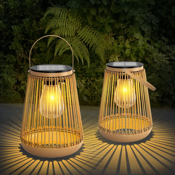 Solar Lanterns Outdoor Waterproof with Metal Base 2 Pack, Rattan Lanterns
