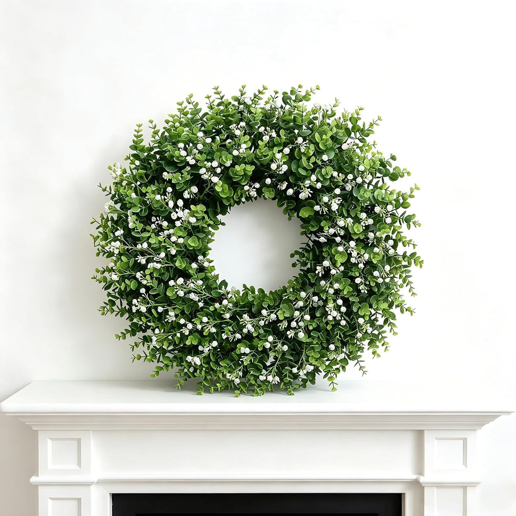 Artificial Boxwood Wreath for Front Door, Farmhouse Year Round Greenery Wreath, Indoor Outdoor with Hanging Tag