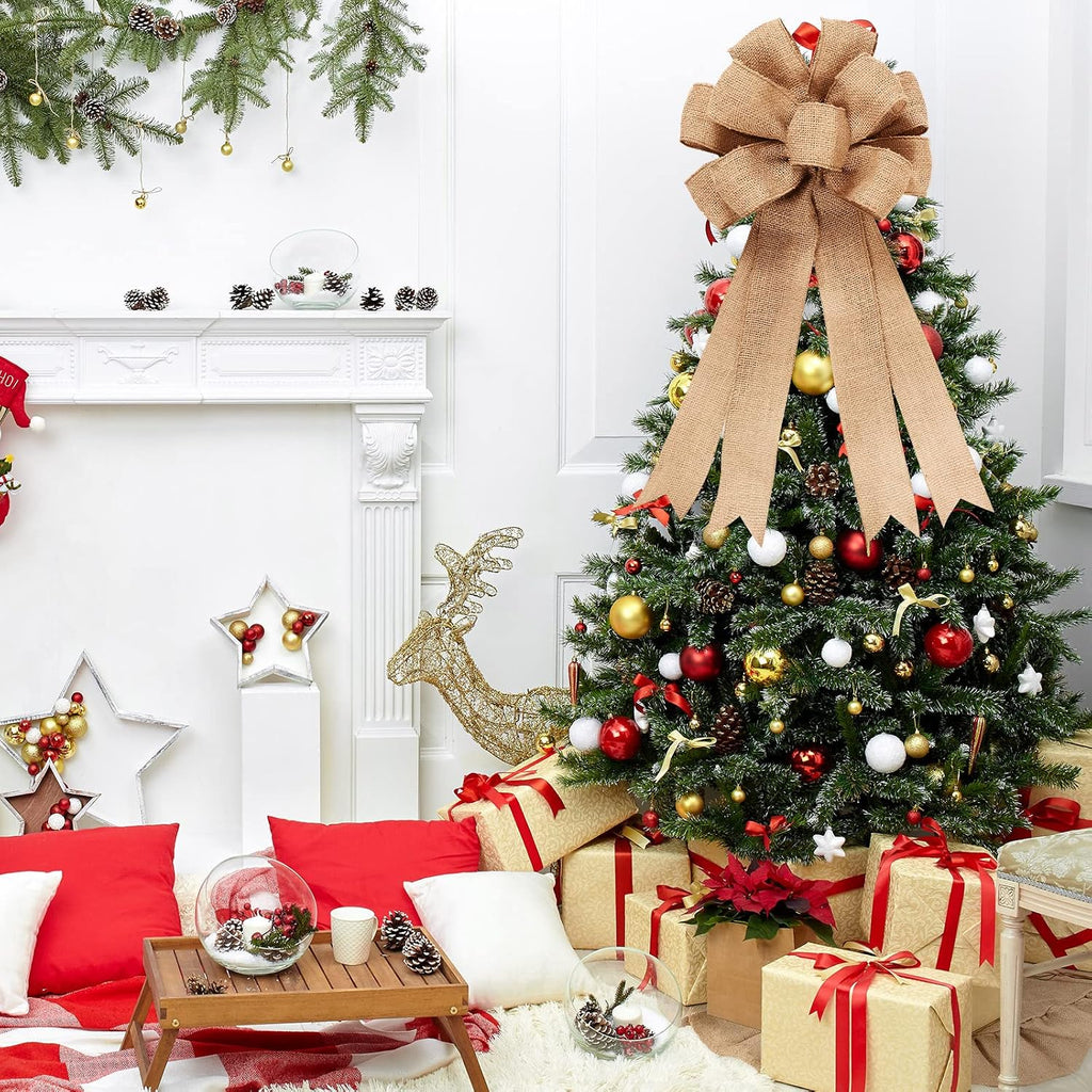 Burlap Christmas Tree Topper with 39.4 Inch Ruffle Christmas Tree Skirt and 34 Inch Large Vintage Ribbon Bow - Set of 2