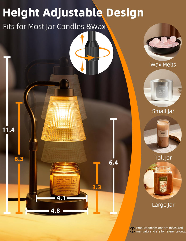 Candle Warmer Lamp for Jar Candles, Height Adjustable & Dimmable with 2/4/8H Timer, 2*50W Halogen Wax Melter Warmer