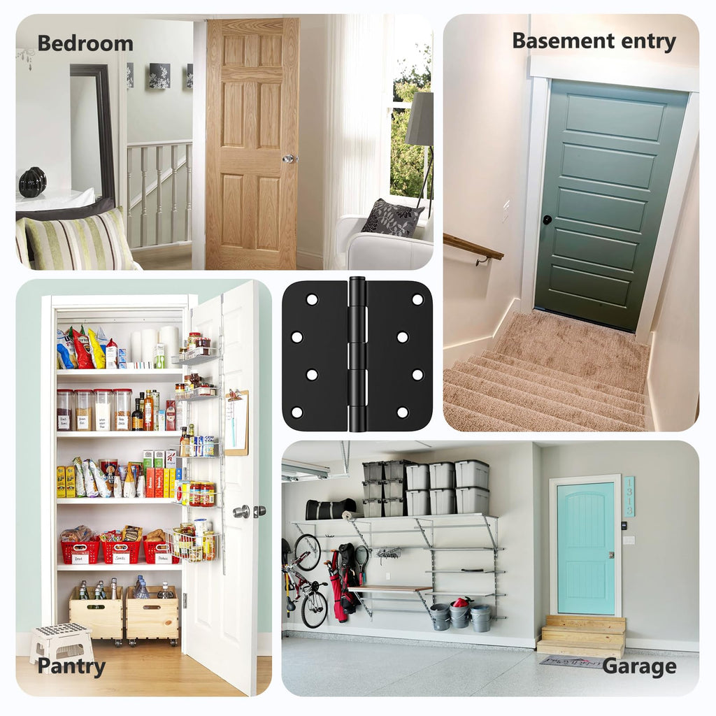 6 Pack Rounded Door Hinges 4 Inch, Black Exterior & Interior Door Hinge with 5/8'' Radius Corner, Removable Pin
