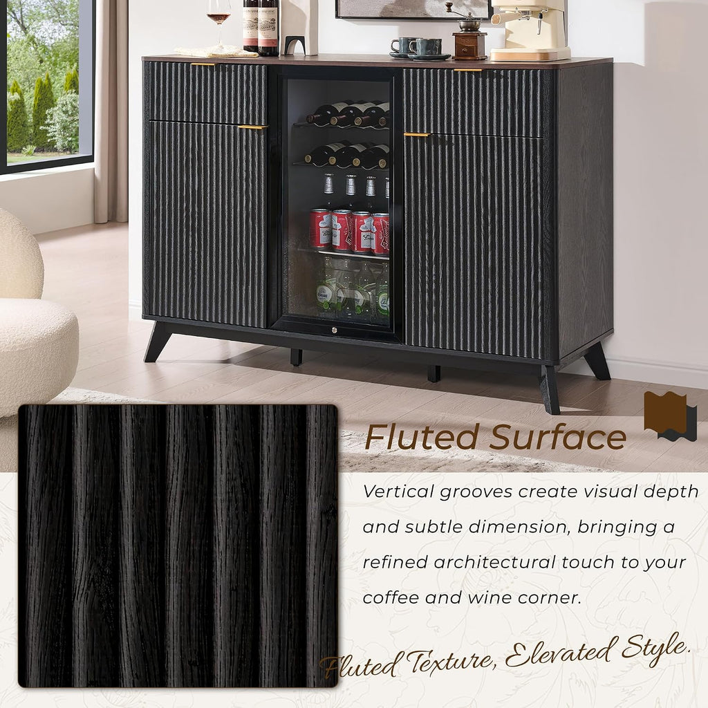 60" Fluted Coffee Bar Cabinet with Mini Fridge Space, Black and Walnut | Mini Fridge Compatible, Built In Charging