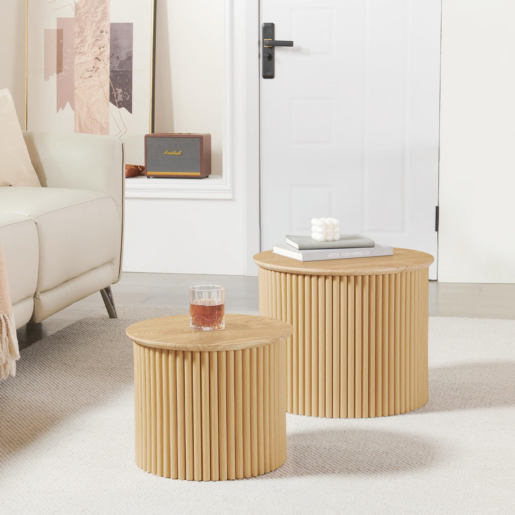 Round Nesting Coffee Table Set of 2, Small Fluted Coffee Table Circle Side Table, Boho Modern Wood Nesting Tables