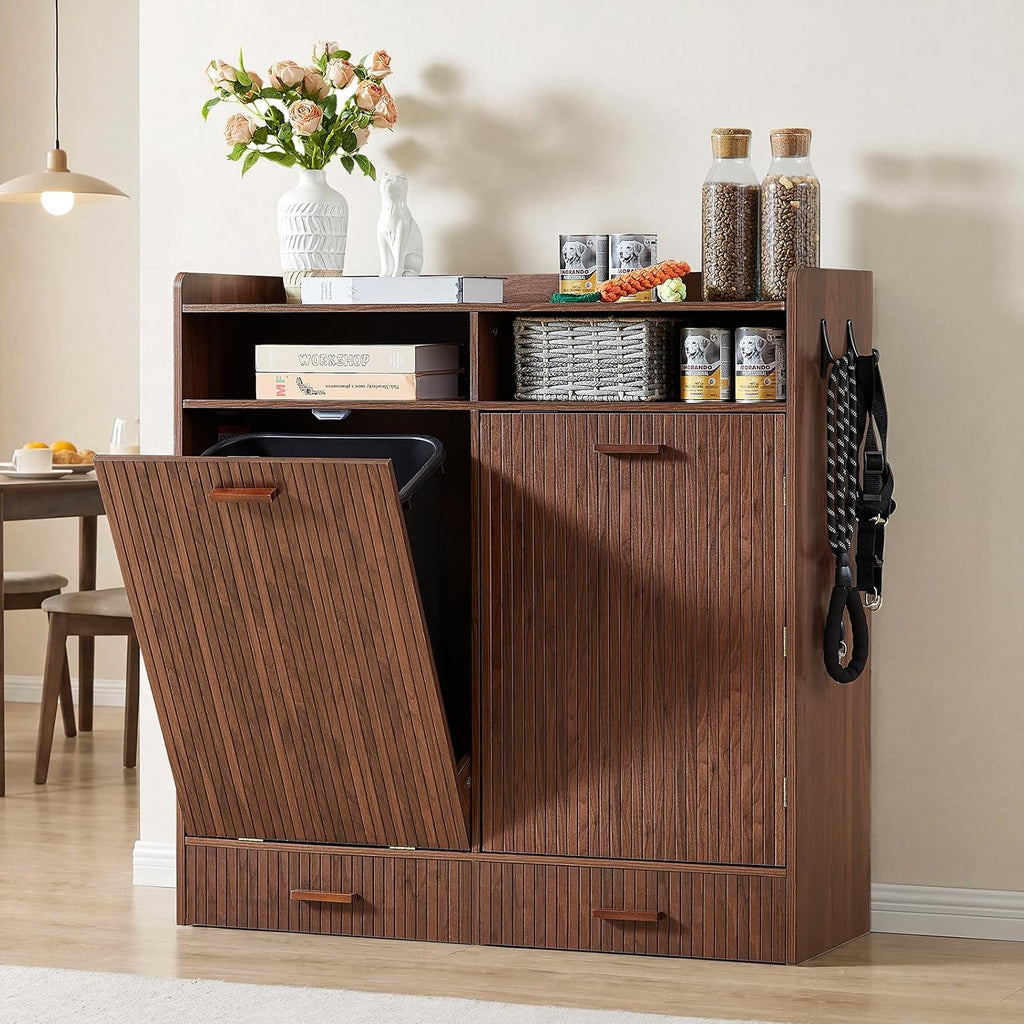 Large Dog Food Storage Cabinet & Dog Feeding Station, Dark Walnut