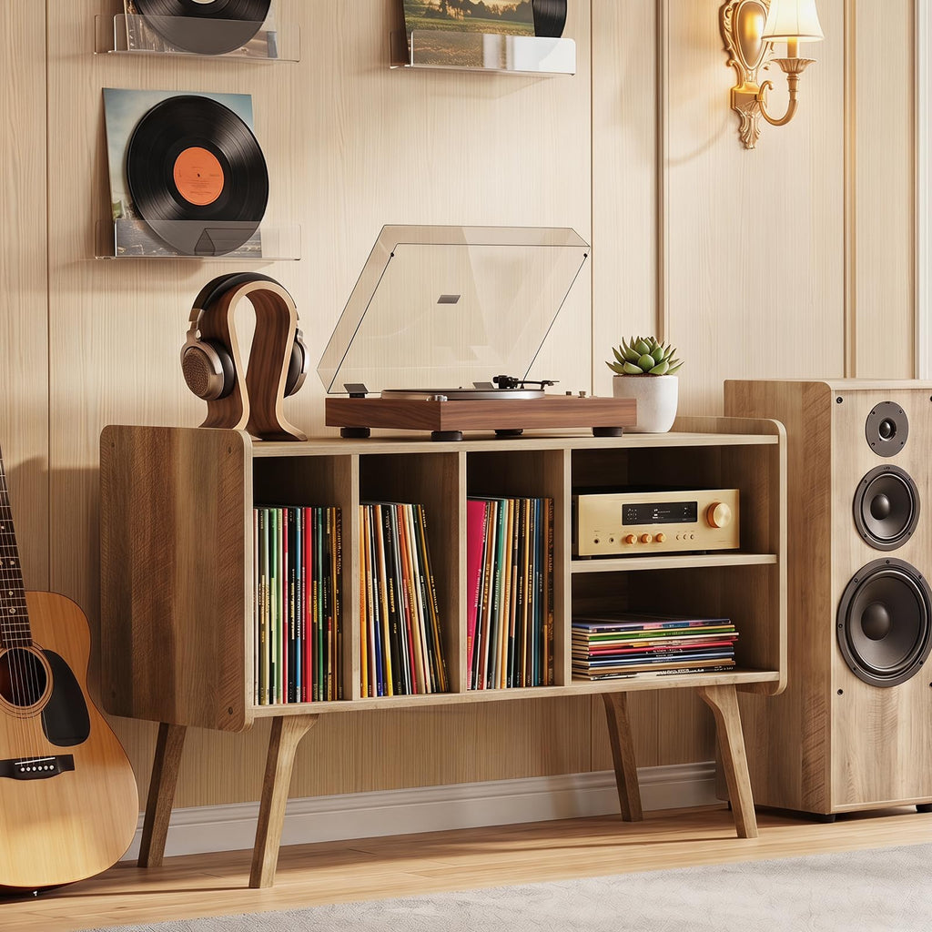 32" Large Record Player Stand with Charging Station, Rustic Brown