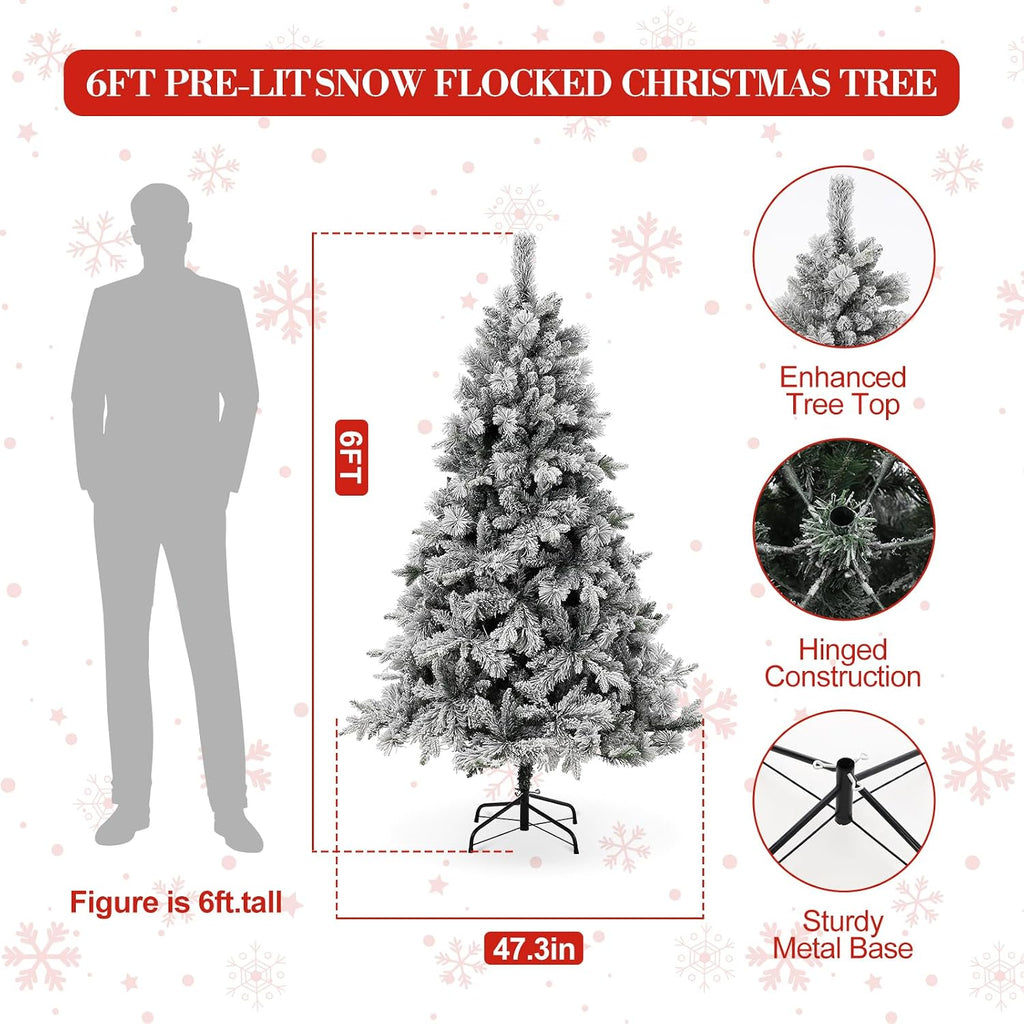 6ft Christmas Decorations Realistic Snow-Flocked Pine Christmas Tree - Premium PVC & PE Construction with 850 Branch