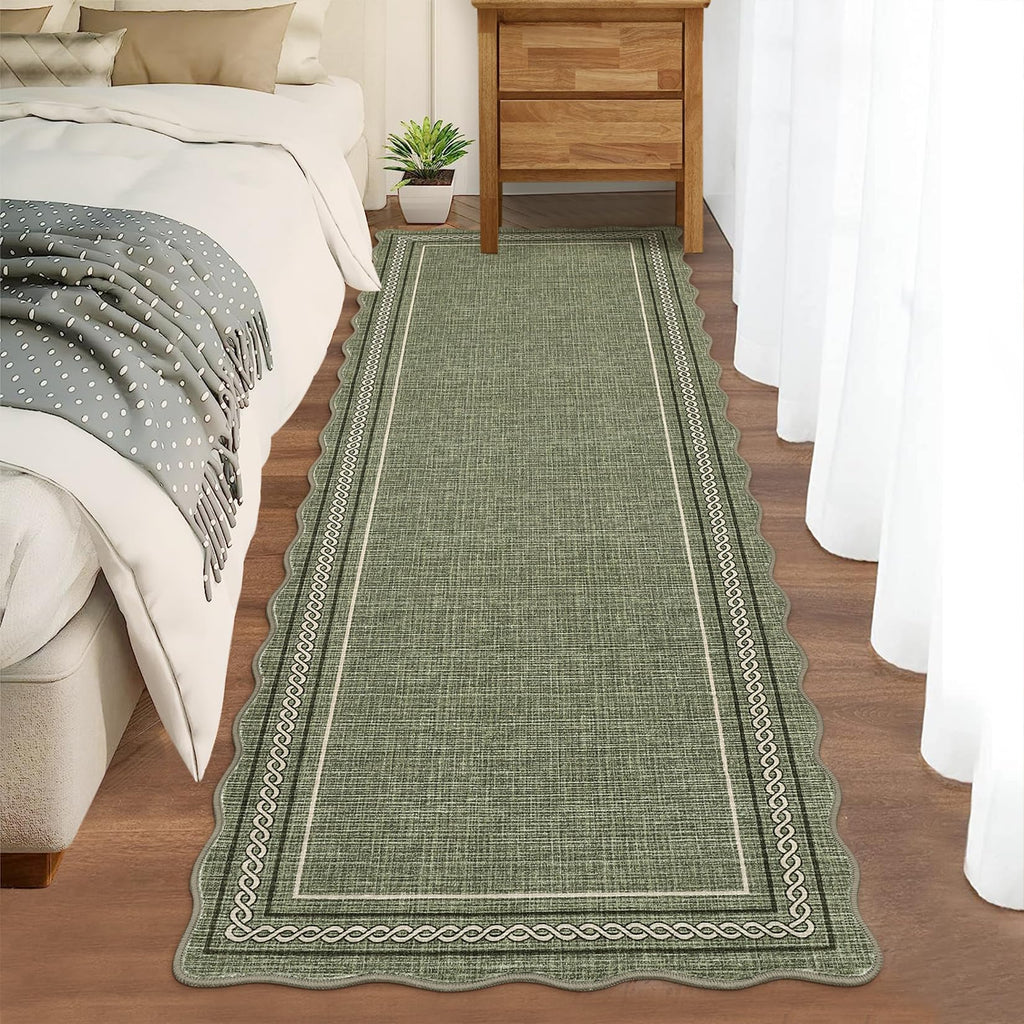 Scalloped Washable Runner Rug Non Slip, Green