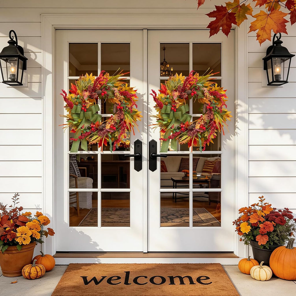 24 Inch Artificial Silk Harvest Fall Wreaths for Front Door with Green Bow