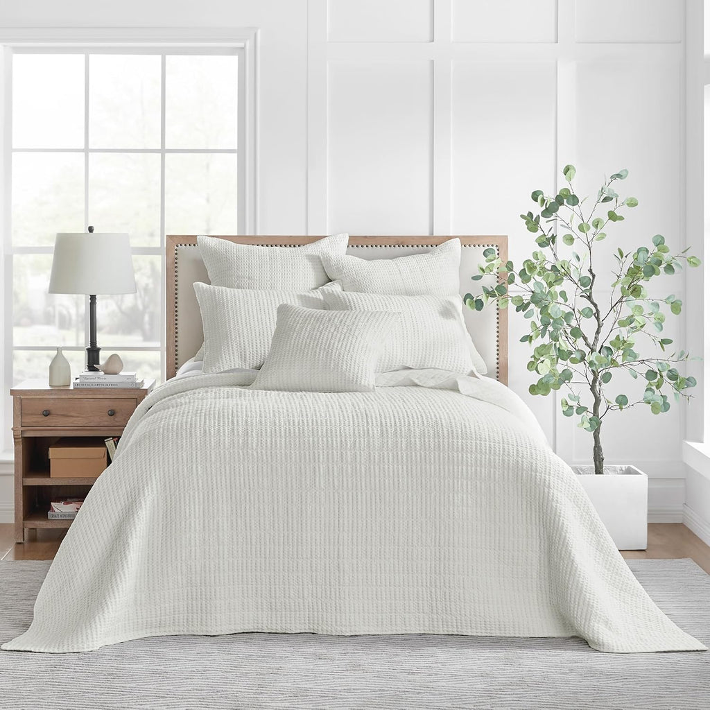 King Bedspread Set (122x106in) with 2 Pillow Shams (36x20in) - Cream - Cotton Waffle King Bedspread Set
