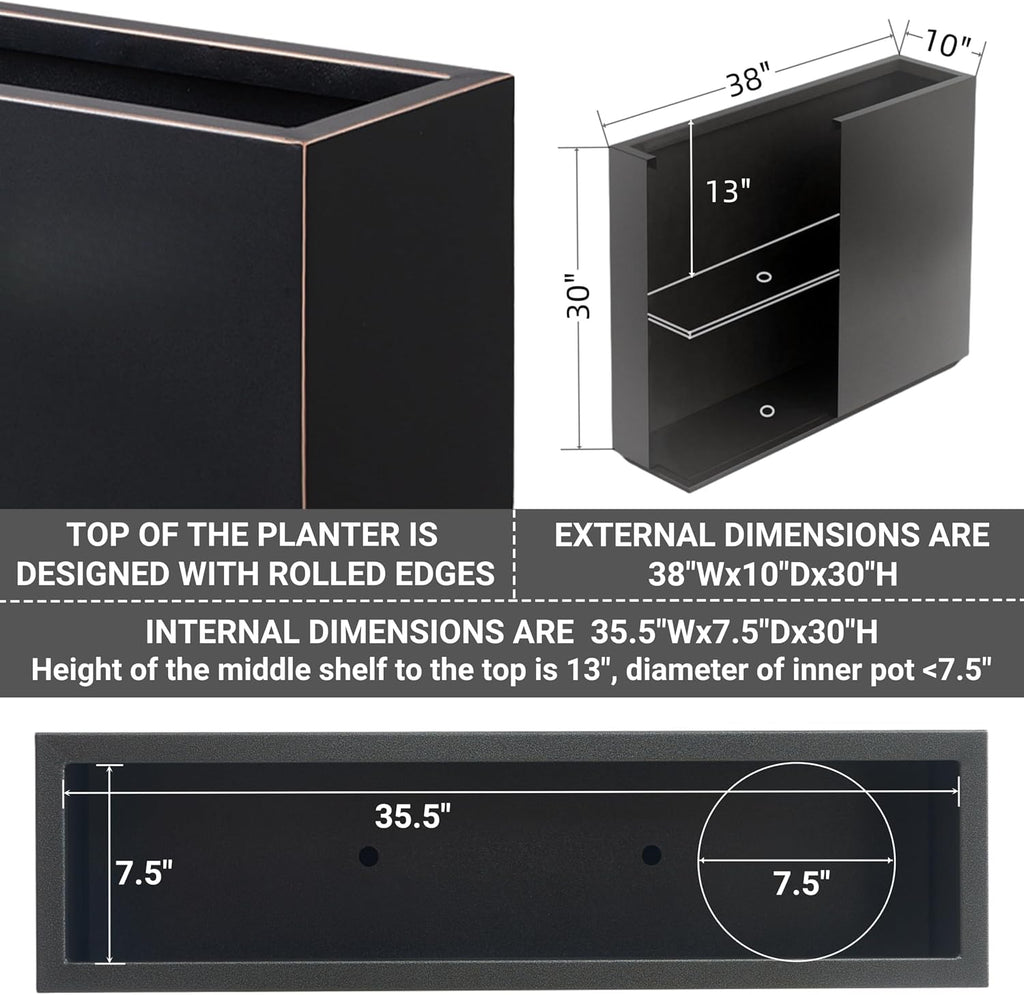 38Lx10Wx30H Fully Welded Metallic Planter Box for Outdoor Plants | No Assembly, Heavy-duty Metal Planter, Black with