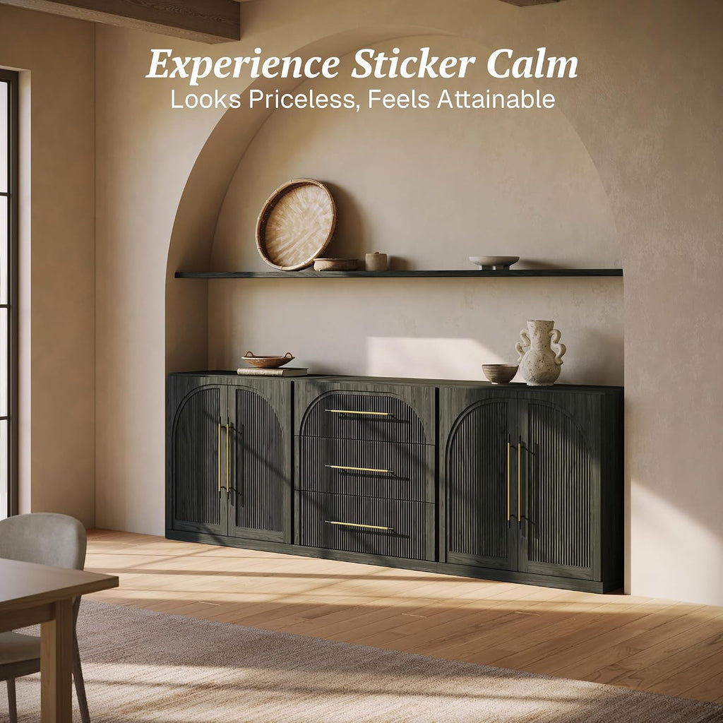 Jagger 3-Piece Modular Sideboard Buffet Cabinet - Ebony | Set of 3 Freely Configurable,Arched Wood Door,Storage