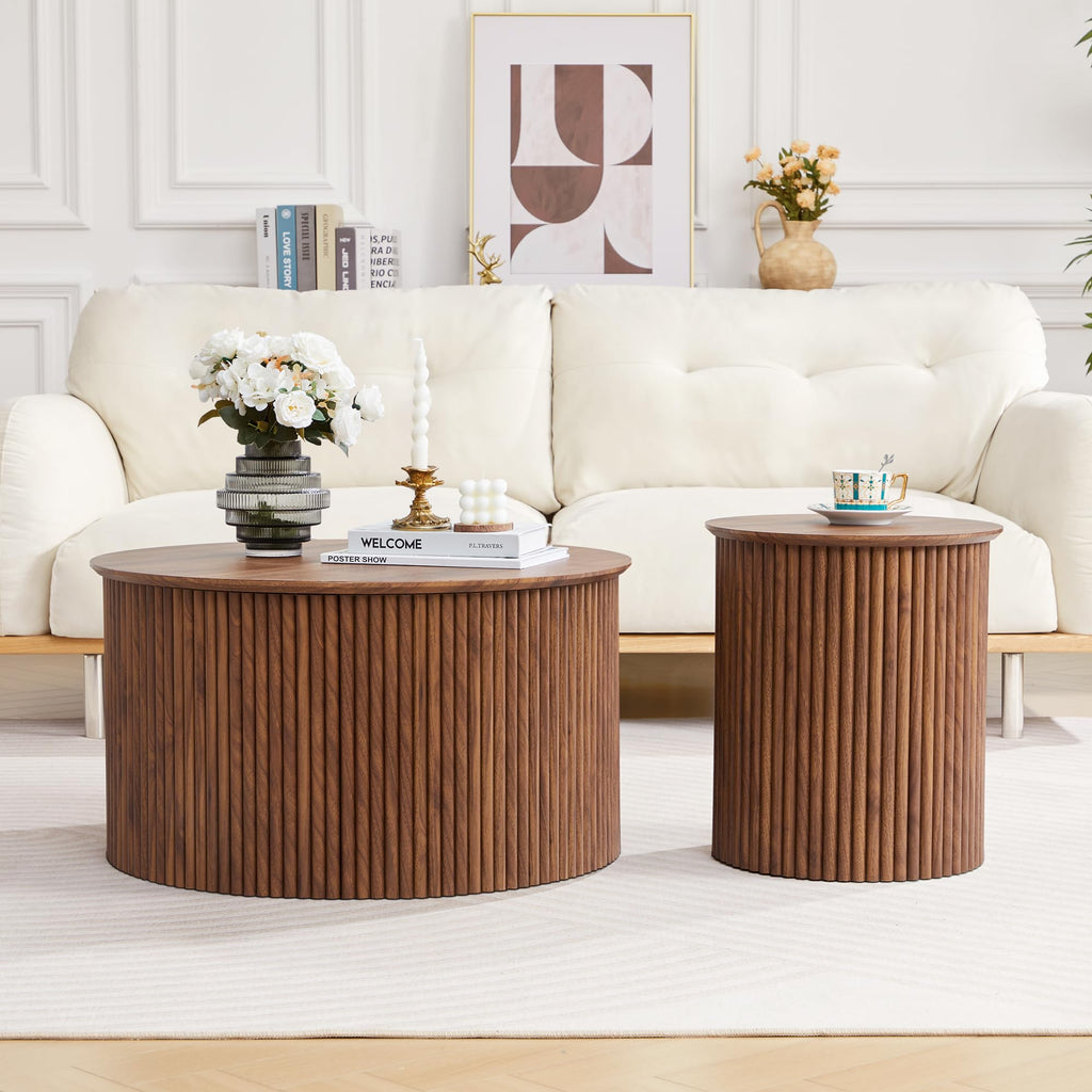 Fluted Round Nesting Coffee Table Set of 2 Circle Center Table Living Room