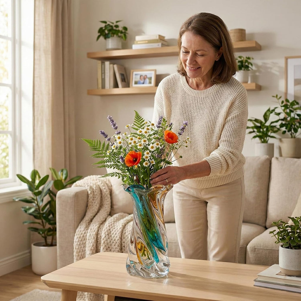 Hand Blown Glass Vase Clear, Beautiful Sea Glass Flower Vases for Bouquet